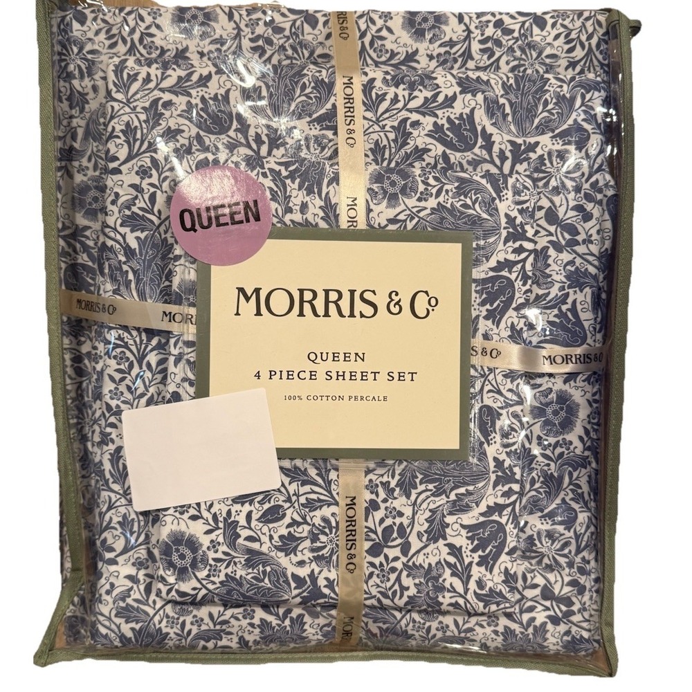 The Original Morris & Co. 4 Pc Queen Sheet Set Luxury Cotton Blue White Floral